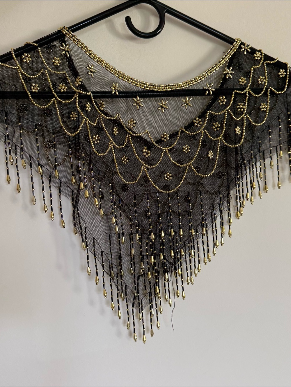Vintage 1920’s Black Beaded Fringe Mesh Shawl with Gold Accents - Picture 3 of 7